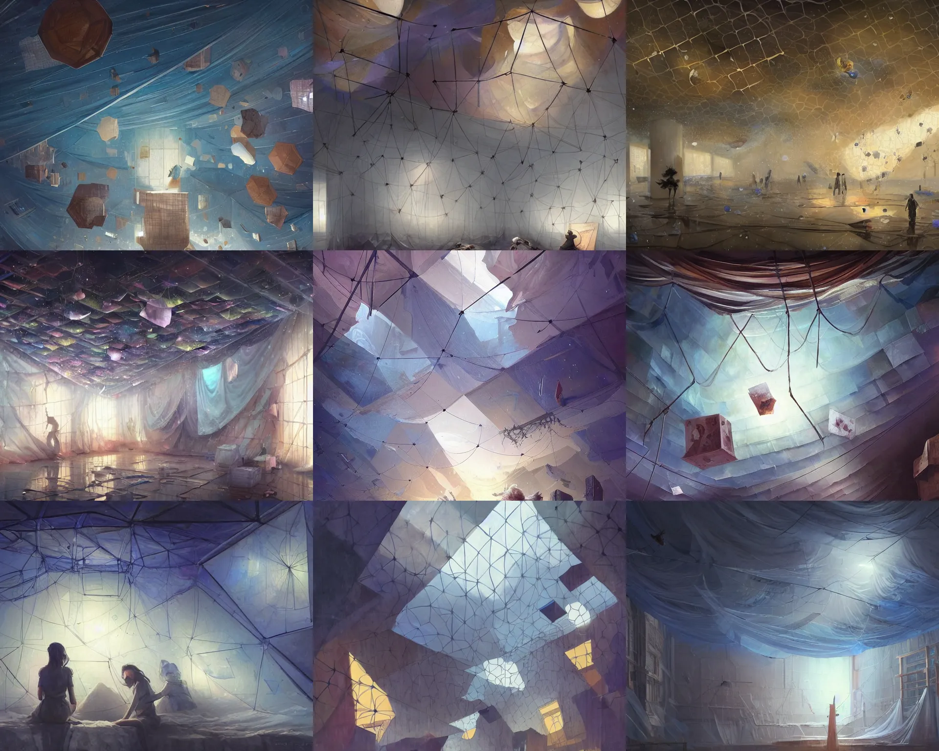 Prompt: tarps hanging from the ceiling making art and hexagons in space being caught with large walls coming from the ground in a museum, painters, magnificent, close up, details, sharp focus, elegant, highly detailed, illustration, by Jordan Grimmer and greg rutkowski and PiNe(パイネ) and 薯子Imoko and 香川悠作 and wlop and maya takamura, intricate, beautiful, Trending artstation, pixiv, digital Art