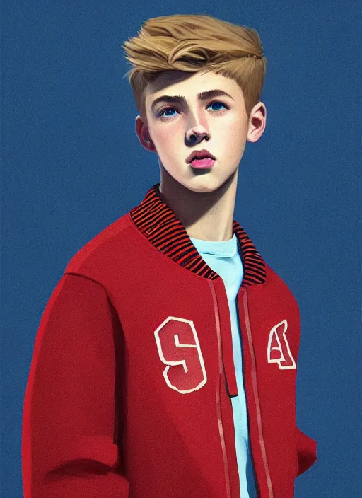 Image similar to portrait of a teenage boy named moose mason, blonde short hair, jock, beefy, square jaw, square facial structure, 1 9 5 0 s, blue varsity jacket, intricate, elegant, glowing lights, highly detailed, digital painting, artstation, concept art, smooth, sharp focus, illustration, art by wlop, mars ravelo and greg rutkowski