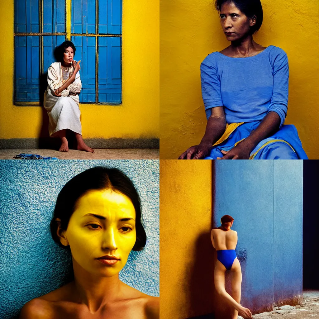 Prompt: woman, beautiful, thinking, relaxed, staring at the camera, warm blue and yellow, studio lightning, by steve mccurry, photograph, portrait