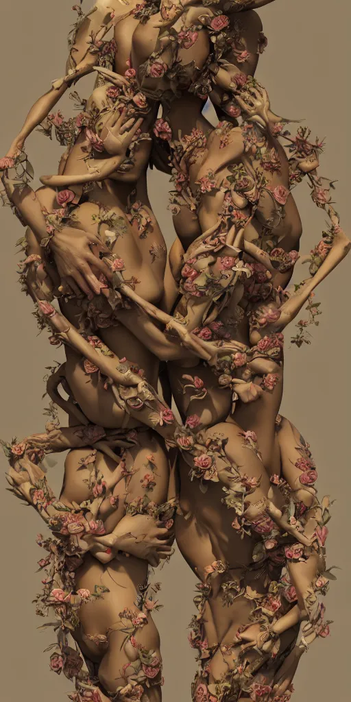 Image similar to closeup photograph of a surrealist sculpture human bodies intertwined, a lovely cornucopia of flowers and human body parts, body parts, muted color palette, skin tones, golden ratio, perfect geometry, highly detailed, octane render, cinematic