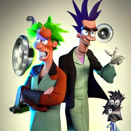 Prompt: Heinz Doofenshmirtz meets Rick Sanchez at Comic Con Convention, Realistic, HD Quality, 8k Resolution, Digital Art, Trending on Artstation