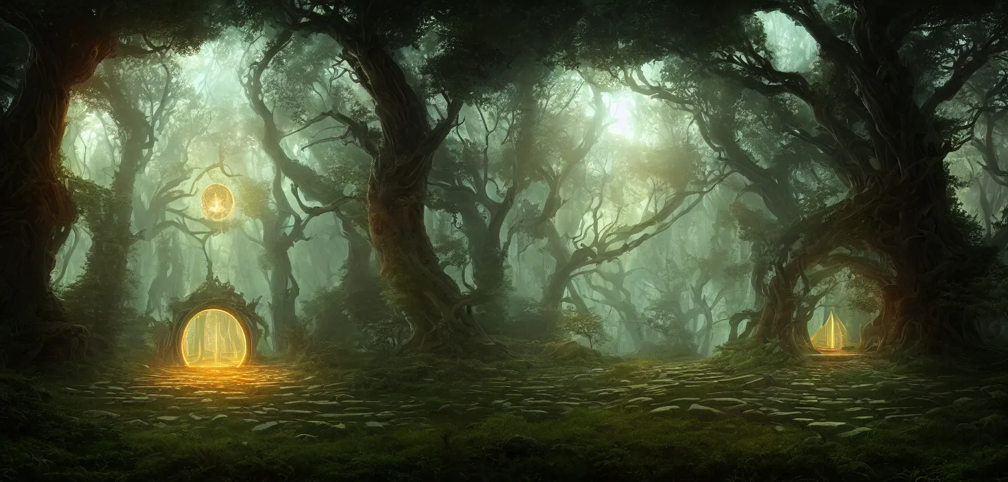 Image similar to random mystic forest huge house landscape, big glowing magic portal, central symmetrical composition, incredible, vector art, octane render, fabulous, hyper detailed, random cinematic view, no noise, global illumination, warm lighting, volumetric, godrays, vivid, beautiful, by jordan grimmer