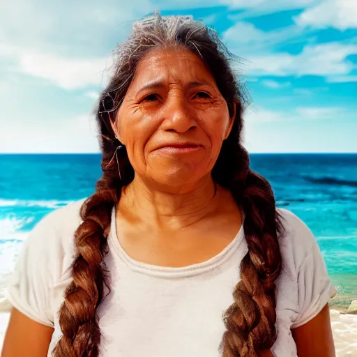 Prompt: a peruvian woman living in a beach in spain working in a bakery shop, digital art, featured on artstation, octane render