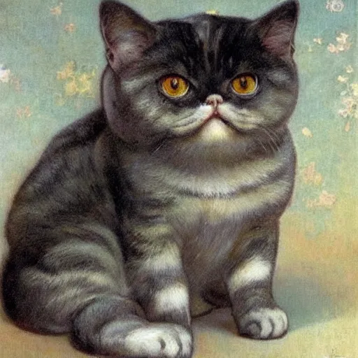 Prompt: exotic shorthair cat, solid grey, beautiful painting by beautiful potter and henriette ronner - knip and alphonse mucha