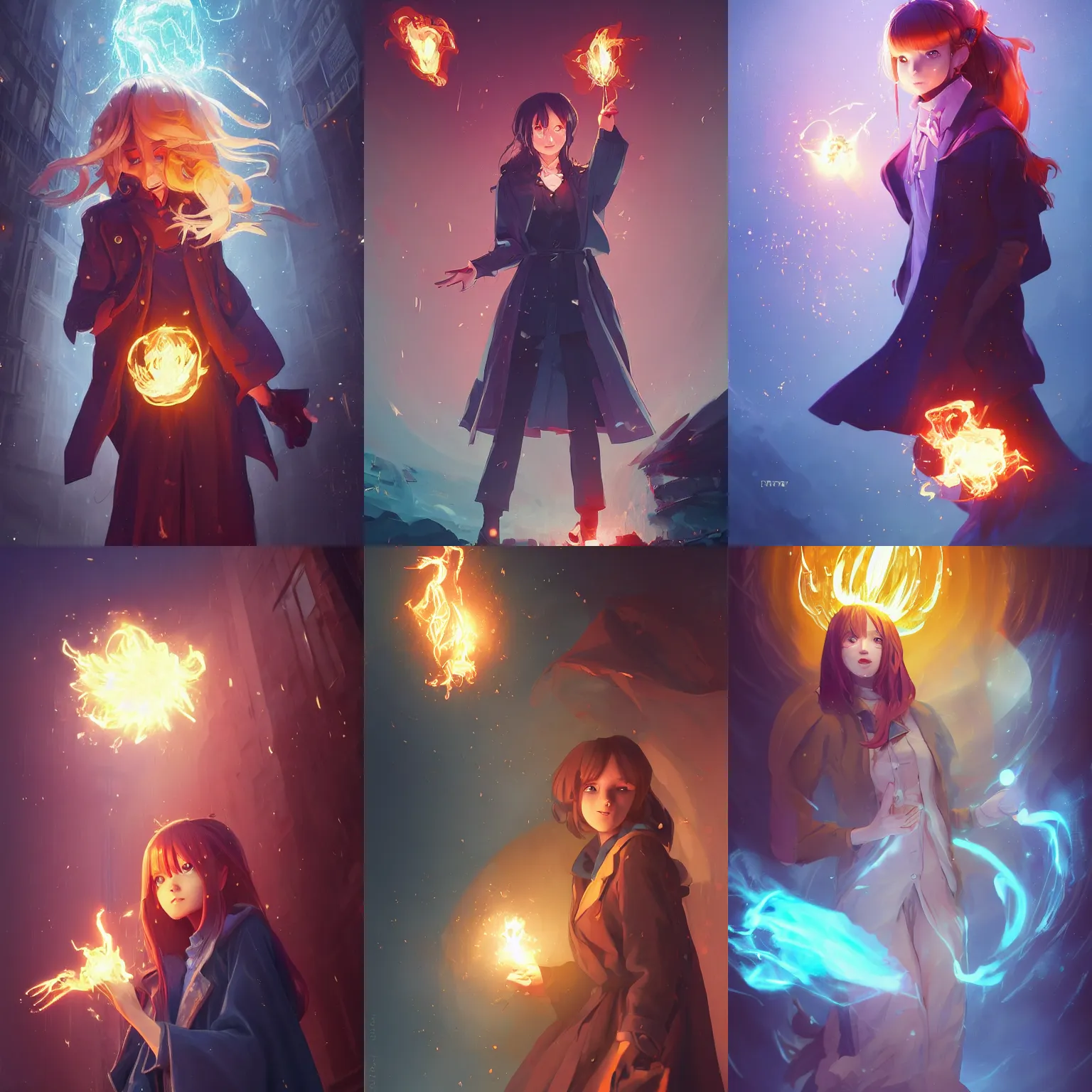 Prompt: a portrait of a cute female wizard wearing a flowing very stylish trenchcoat, holding a glowing fireball in her hand, fireball lighting her face from below, embers, urban fantasy setting, vivid colors, warm lighting, atmospheric, cinematic, moody, in the style of Ilya Kuvshinov and Range Murata, Krenz Cushart, rule of thirds, oil on canvas, 8k