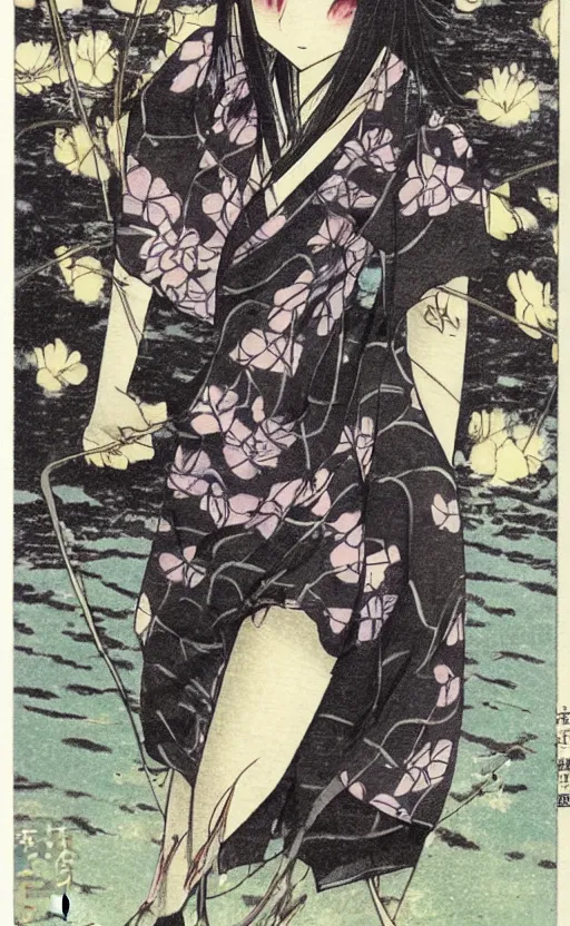 Image similar to by akio watanabe, manga art, a black hair girl walking on wooden lake bridge and iris flowers, trading card front, kimono, realistic anatomy