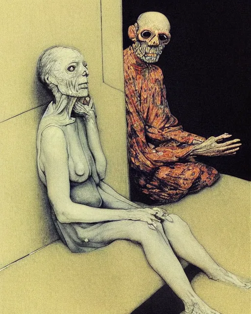 Prompt: an old dead couple sitting on an old couch holding hands in an old apartment,  Francisco Goya painting, part by Beksiński and James Jean. art by Takato Yamamoto, Francis Bacon masterpiece