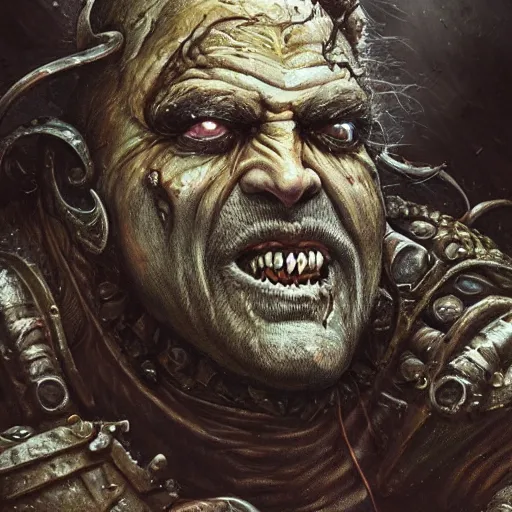 Image similar to closeup portrait shot of george clooney as nurgle, the lord of pestilence, the plaguefather, great corrupter, decay, highly detailed, digital painting, artstation, concept art, soft focus, depth of field, artgerm, tomasz alen kopera, peter mohrbacher, donato giancola, wlop, boris vallejo