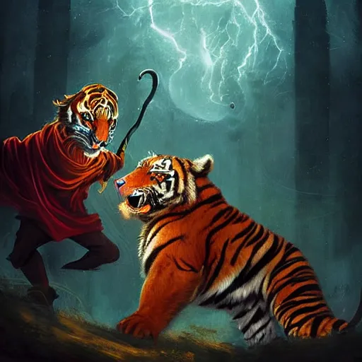 Prompt: A Wizard battling a Tiger, Photo Credit: National Geographic, digital art, masterpiece; trending on ArtStation; by MotG digital painting by R.J. Palmer; by Anato Finnstark