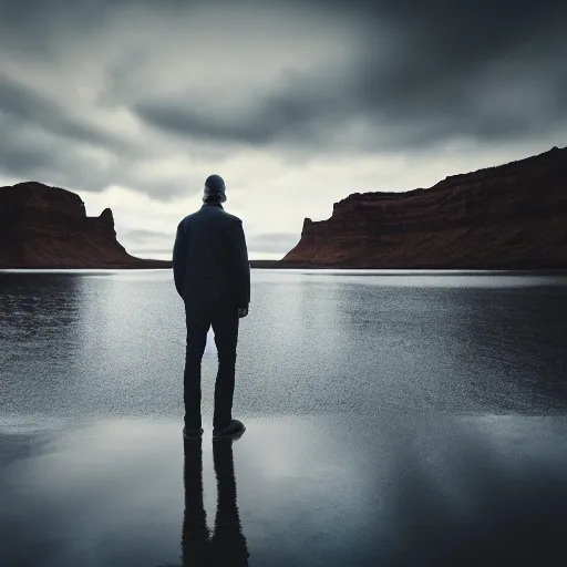 Prompt: a man standing in front of a body of water, an album cover by hallsteinn sigurðsson, pexels contest winner, institutional critique, angelic photograph, high quality photo, bryce 3 d