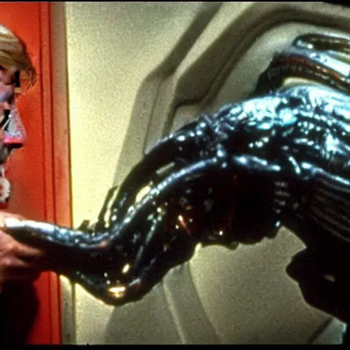 Prompt: film still of Donald Trump being held against a wall by a predator in the movie Alien.