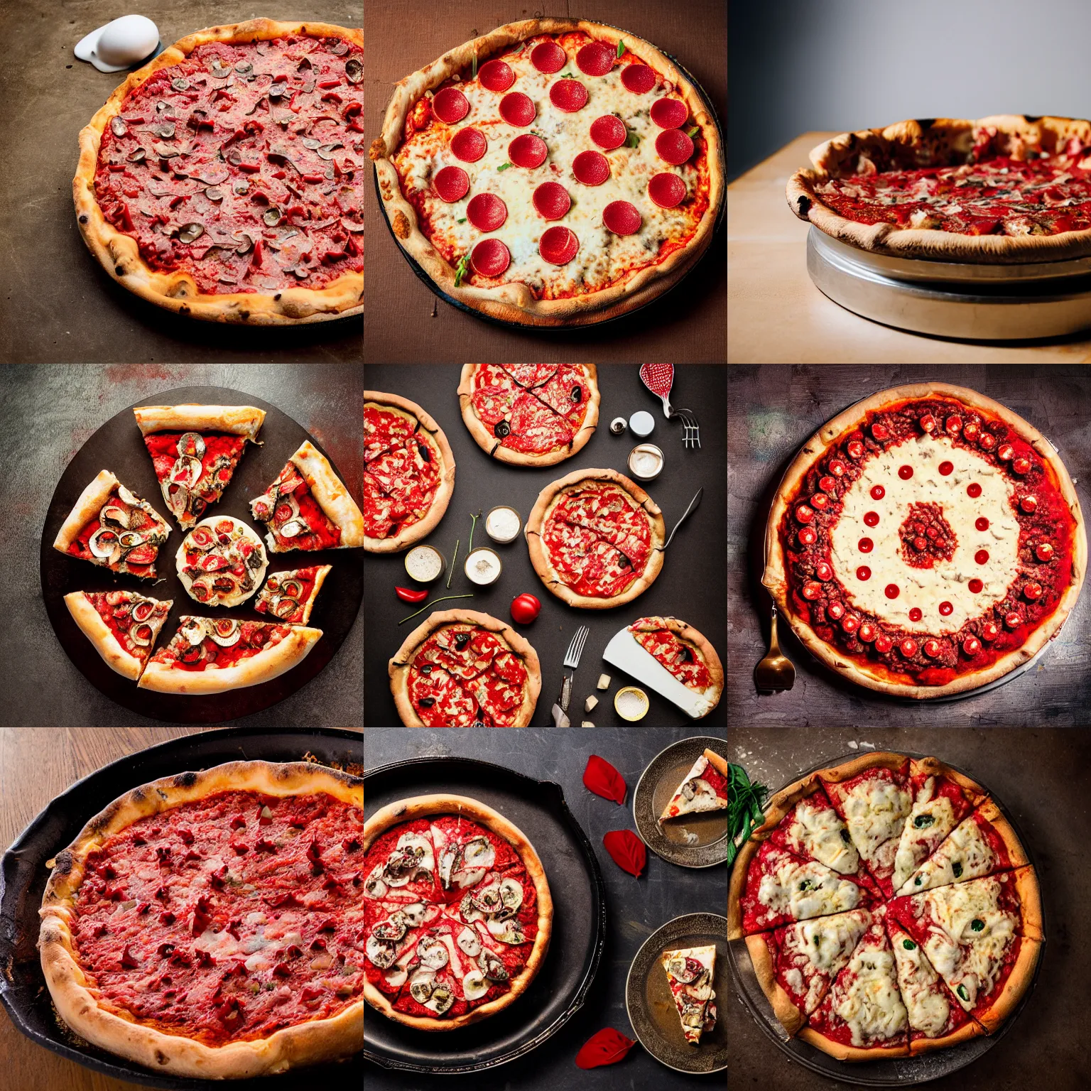 Prompt: amanita muscaria on top of a deep dish pizza, several large amanita muscaria, on a table, professional food photography