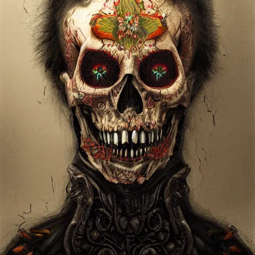 Image similar to A very detailed horrifying portrait painting of the prince of death, floral patterned skin, occult, 8k, trending on artstation cgsociety, masterpiece, in the style of DiscoDiffusion.