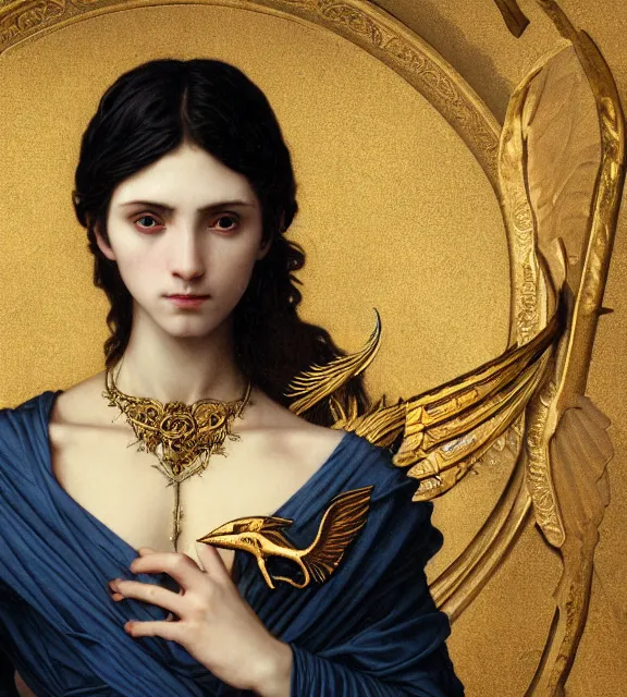 Image similar to portrait of a god of death, young male, in the underworld, elegant dark blue dress, very detailed, throne, very intricate details, jewelry, gold eyes, elaborate long black hairstyle, wings, cinematic, artstation, william bouguereau, alphonse mucha, greg rutkowski, rossdraws, octane render