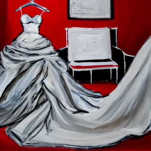 Image similar to a messy painting of a bedroom floor with a wedding dress discarded in a heap and a suit on the floor. Red, black and white Color scheme.