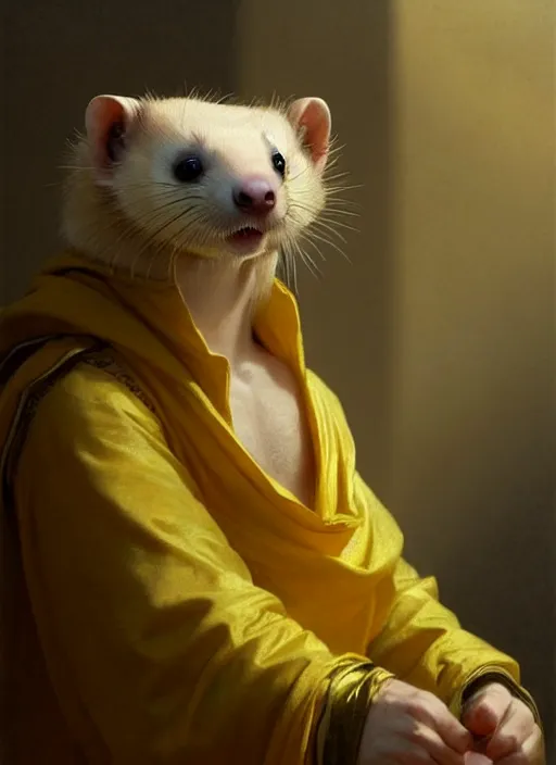 Prompt: a beautiful closeup shot from a fantasy film of a humanoid ferret with yellow eyes wearing a loose tunic. an anthropomorphic ferret with gold eyes. portrait. joseph ducreux, greg rutkowski.