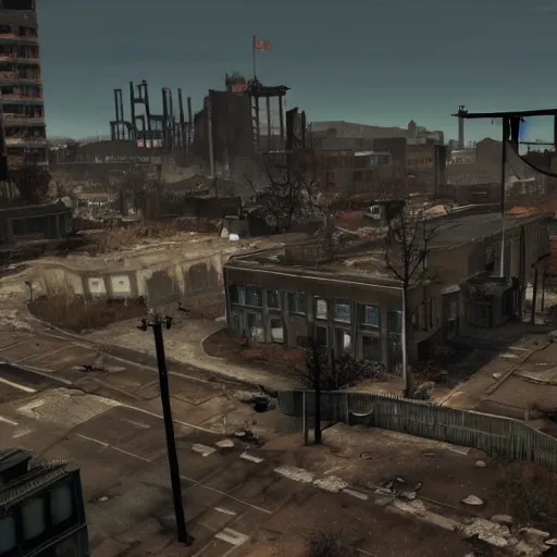 Image similar to Dublin in ruins post-nuclear war in Fallout 4, in game screenshot
