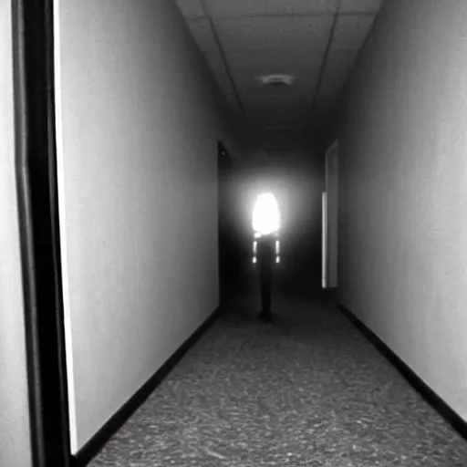 Prompt: a dark figure at the end of a creepy empty office hallway. craiglist photo.