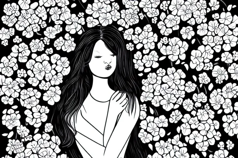 Image similar to beatiful woman surrounded by flowers, beautiful line art, ink illustration, sketch, pure b&w