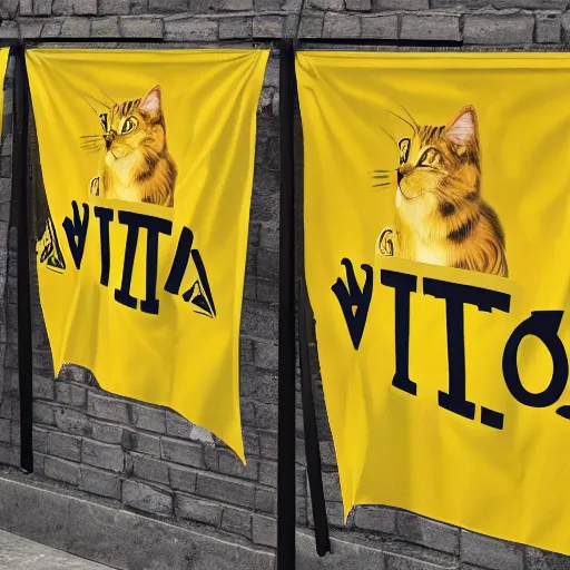 Image similar to a meeting of cat wizards dressed in yellow raincoats. A banner that reads Wiz Biz only, Fools adorns the back wall. Hypermaximalistic, hyper detailed 4k resolution photo realistic