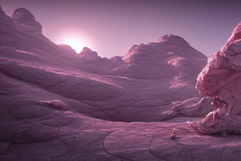 Image similar to pink desert, a broken white marble statue octane render detailed unreal engine 5 surrealism by leon tukker and jacek yerka