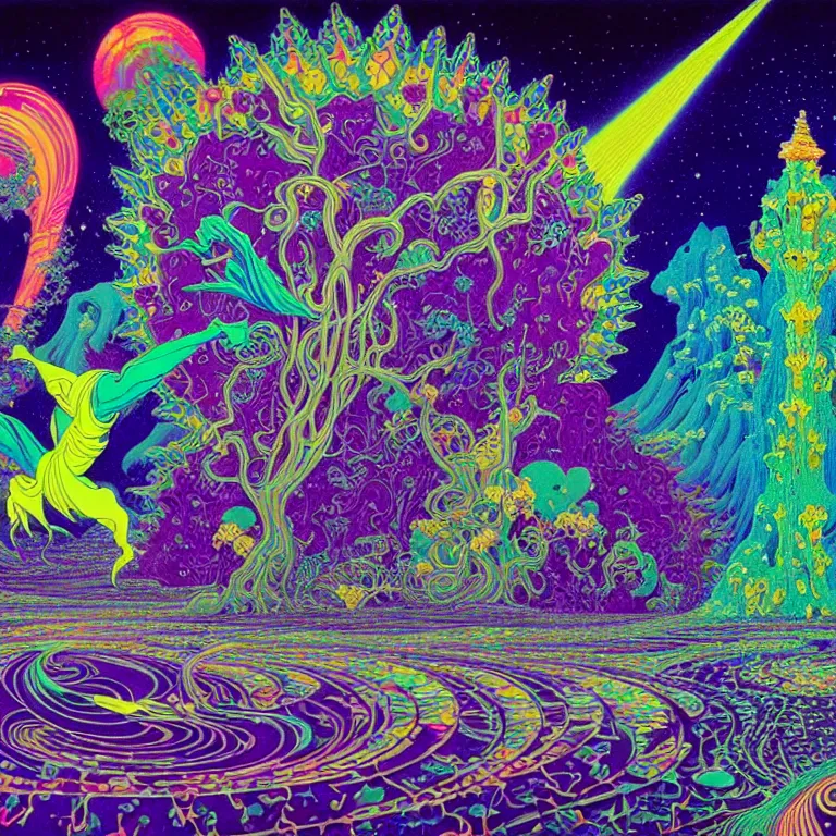 Prompt: cosmic third eye, magical crystal temple, psychedelic waves radiating, infinity, bright neon colors, highly detailed, cinematic, hiroo isono, eyvind earle, philippe druillet, roger dean, lisa frank, aubrey beardsley, ernst haeckel