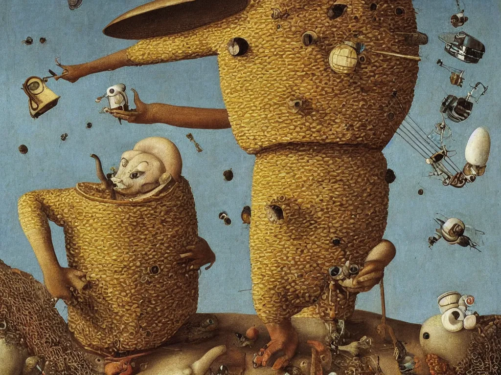 Prompt: close up portrait of man in white beekeeping suit with a surreal impossible creature from codex seraphinianus. painting by bosch, walton ford, agnes pelton