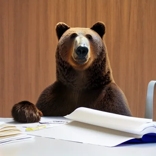 Image similar to bored bear at office, head leaning on paw with elbow on table, piles of paperwork