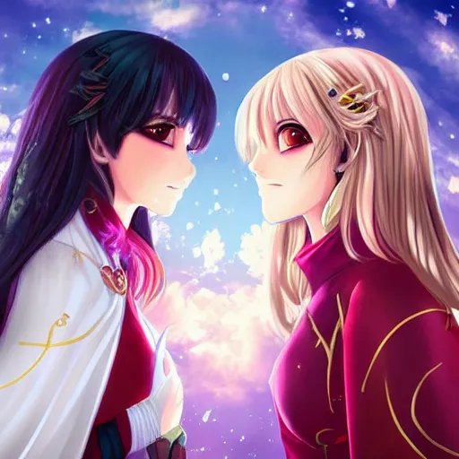 Image similar to two gorgeous female wizards standing face to face, detailed anime art