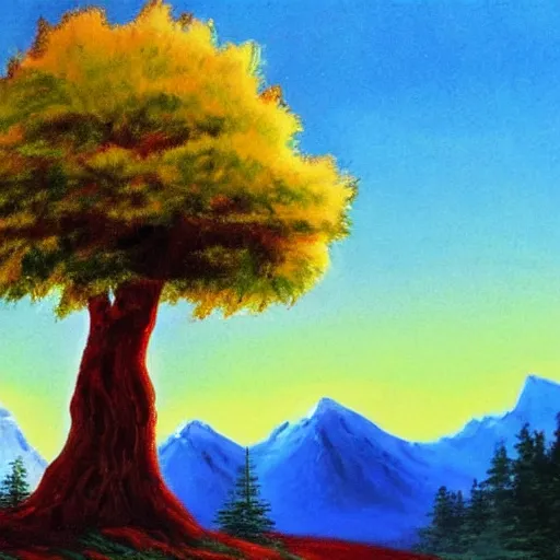 Prompt: a single tree on a mountain, artwork by bob ross