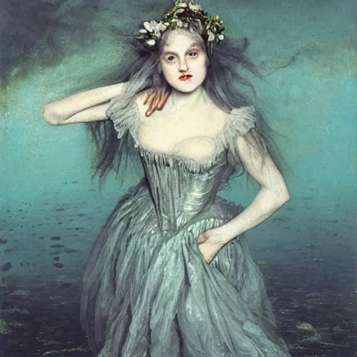 Prompt: A silver haired mad princess from the 18th century, dressed in a ragged, 18th century silver wedding dress, floathing underwater in a lake, mystical, atmospheric, greenish blue tones, underwater photography, concept art by Annie Stegg Gerard, Ian David Soar, John Anster Fitzgerald, and John Everett Millais