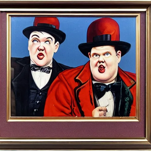 Image similar to A portrait of Stan Laurel and Oliver Hardy in hats by Frank Kelly Freas