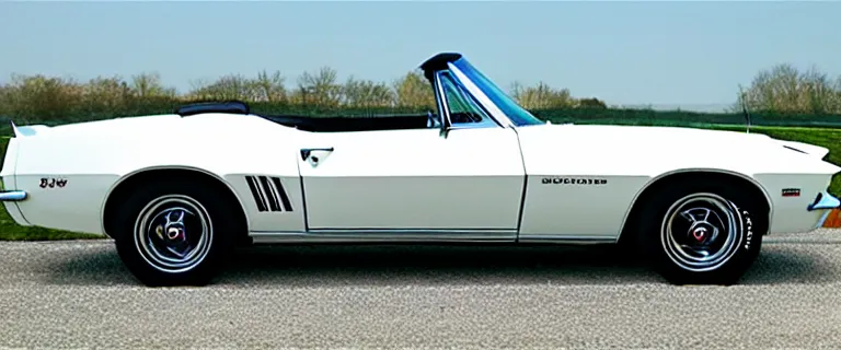 Image similar to Ermine White Chevrolet Camaro Z/28 Convertible (1967), red interior, soft top, created by Barclay Shaw