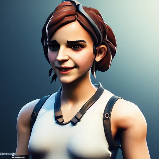 Prompt: textured film grain subsurface scattering fashion model face smiling laughing squinting emma watson as a fortnite character cgsociety octane render unreal engine redshift render trending on artstation trending on artstation render blender behance cg superhero