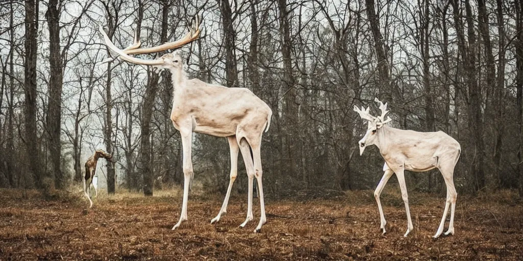 Image similar to a beautiful long necked albino elk like creature with the body of a white spotless giraffe, walks thru an enchanted forest, majestic!!! beautiful!!!, ethereal!!!, loving, ultra realistic, winter, golden hour, volumetric lighting, sharp focus