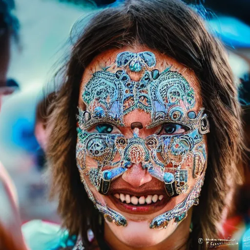 Prompt: the face of a happy person at a festival who has glimpsed the fourth dimension, intricately detailed, beautiful face, detailed eyes, award winning, 8 k