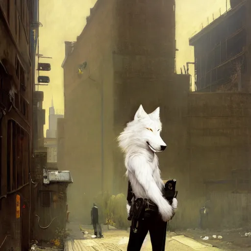 Image similar to new york city portrait of furry anthro anthropomorphic white wolf head animal person fursona wearing clothes police uniform in the alley, sunny day, digital art by Nerdrum John, William Waterhouse, Winslow Homer, Alex Heywood, Jordan Grimmer, Darren Quach, Greg Rutkowski, Simon Stalenhag, trending on Artstation, CGSociety