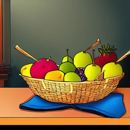 Prompt: a fruit basket on top of a kitchen table, comic book art