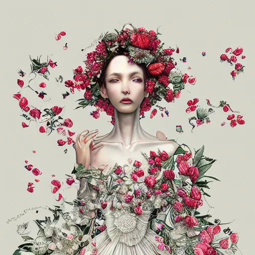 Image similar to the portrait of an absurdly beautiful, graceful, elegant, sophisticated, fashionable woman made of strawberries and white petals looking down, an ultrafine hyperdetailed illustration by kim jung gi, irakli nadar, intricate linework, bright colors, octopath traveler, final fantasy, unreal engine 5 highly rendered, global illumination, radiant light, detailed and intricate environment