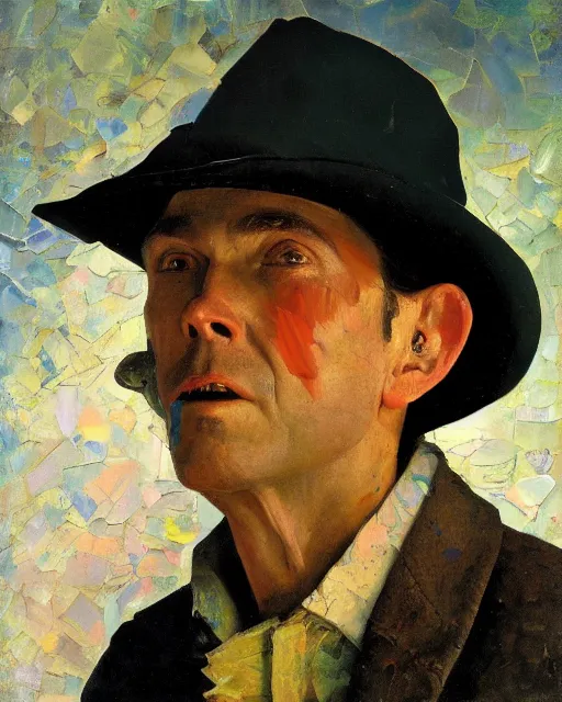 Prompt: painterly portrait, Hank Williams, impasto, fantasy, chuck close:7, carl spitzweg:7, cinematic light, full face, symmetrical face