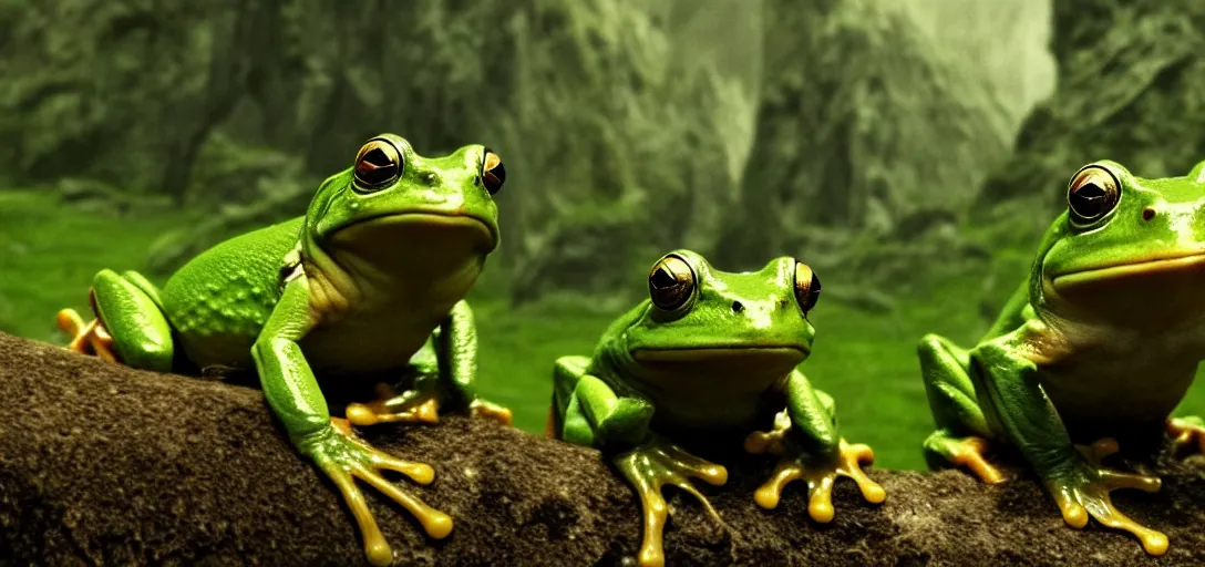 Image similar to movie scene from lord of the rings with frogs, cinematic still, action shot, 8 k hdr