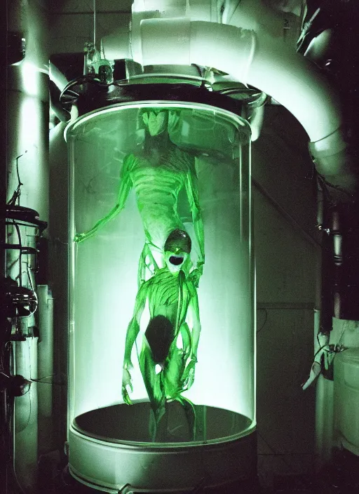 Image similar to a weird humanoid creature is suspended in a tank of dense liquid, weightlessness, tubes coming from the top of the tank connecting to the creature's body, back lit, green glow, 35 mm film photography