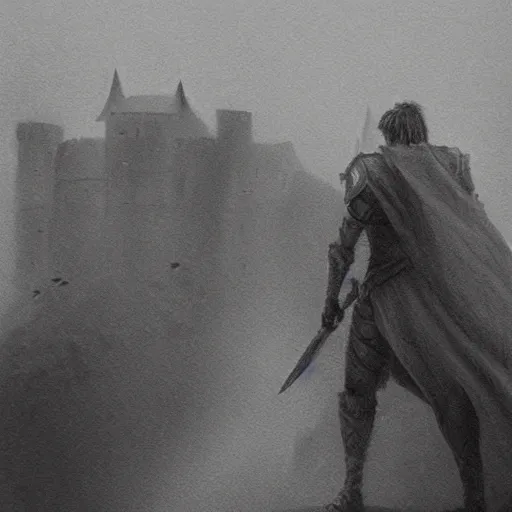 Image similar to pencil art, distant shot, realistic, cinematic, hyper detailed, smooth, hero walking up to the castle to fight an evil army.