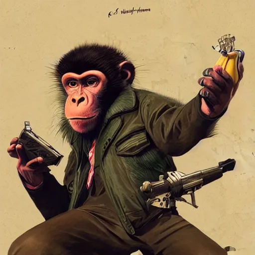 Image similar to [Monkey as president of Banana as GTA character, propaganda!, closeup, D&D, intricate, elegant, highly detailed, digital painting, artstation, concept art, matte, sharp focus, illustration, art by Artgerm and Greg Rutkowski and Alphonse Mucha and Enki Bilal]