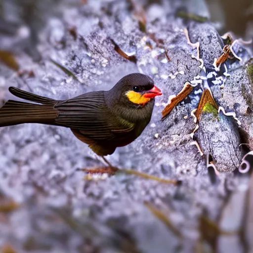 Prompt: super macro of a bird, in the forest. Fantasy magic style. Highly detailed 8k. Intricate. Nikon d850 300mm. Award winning photography.