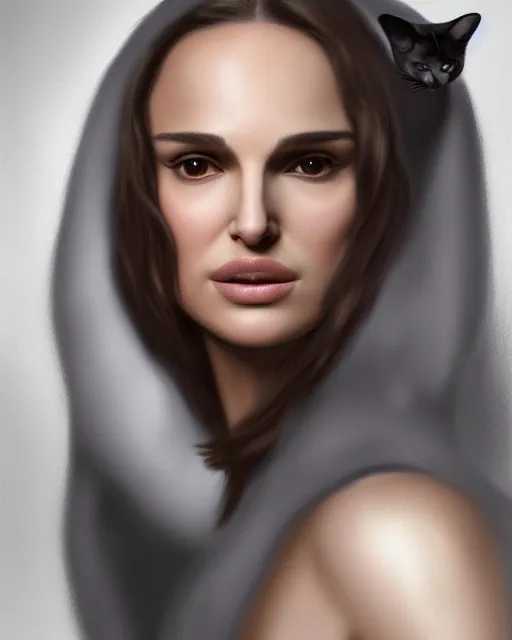 Prompt: Natalie Portman mixed with a cat, very detailed portrait, ultrarealistic, dramatic lighting, electrical details, high details, 4k, 8k, best, accurate, trending on artstation, fur, artstation, photorealism, ultrarealistic, digital painting, style of Dali, Caravaggio, Boris Vallejo