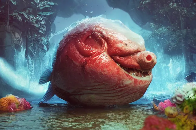 Prompt: of a very beautiful scene. ambient occlusion render. a sweet fat old woman is giving a birth to a huge colorful fish. hyper realistic. 4 k. wide angle. wild happiness. symmetrical face, red mouth, blue eyes. deep focus, lovely scene. ambient occlusion render. concept art. unreal engine.
