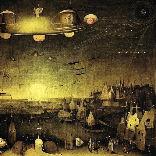 Prompt: ufo fleet over a 1 7 th century european town at night with light beams levitating people in their pajamas painting by hieronymus bosch