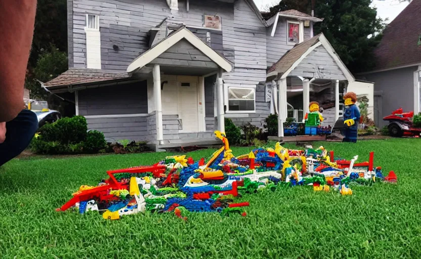 Prompt: a real house made out of lego razed by a 5 year old kid, pieces of lego laying on the lawn