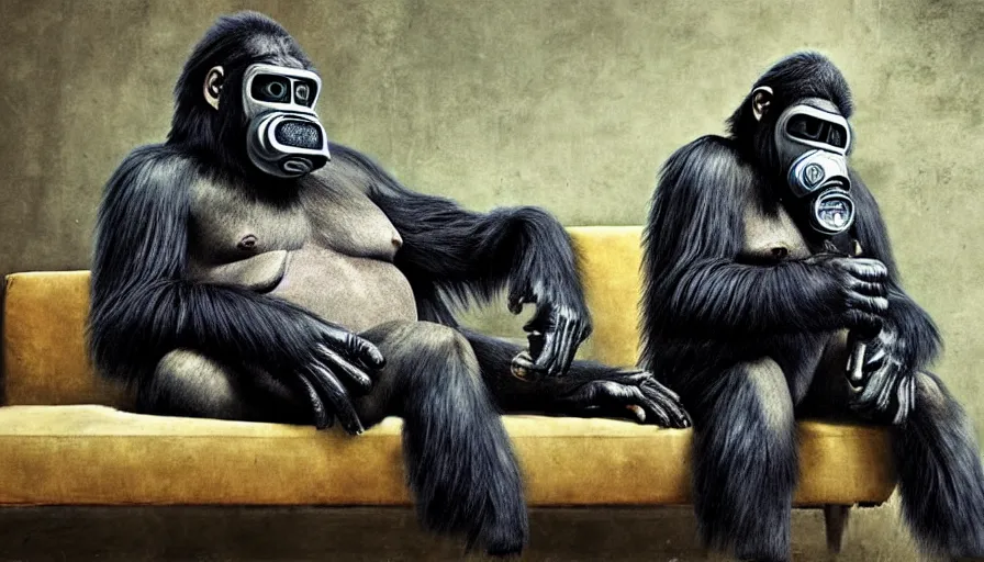 Prompt: great ape wearing a gas mask sitting on a couch, in the style of gregory crewdson and ikrenz cushart